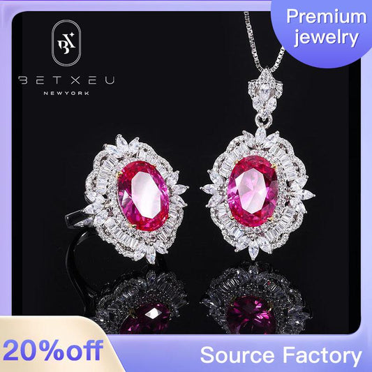 191【BETXEU】S925 Rose red ring /necklace set Wedding