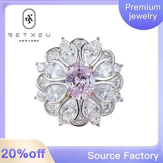 310[BETXUE]S925 Silver Imitation Fireworks Paparacha Oval Pink Ring for Women