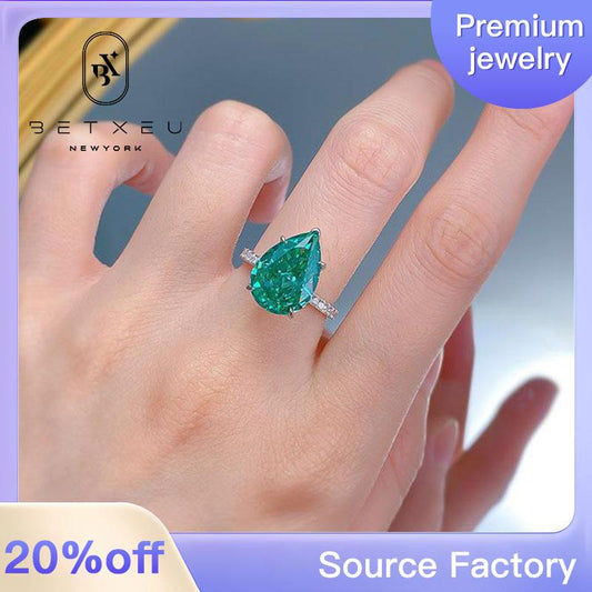 372【BETXEU】Ballet Girl High Carbon Diamond 10*14mm Teardrop-shaped Green Wedding S925 Ring