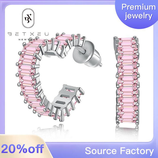 104【BETXEU】S925 Heart-shaped Earrings for Women  Rectangular Pink Zircon