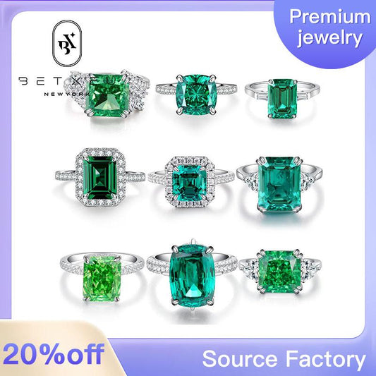 13 [BETXEU JEWELRY]  EMERALD GREEN S925 8A High carbon Ring collection