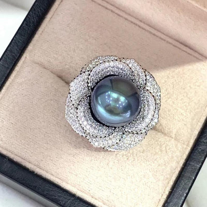 235 [BETXEU] Retro small fragrant 12-13MM Tahitian peacock blue pearl ring