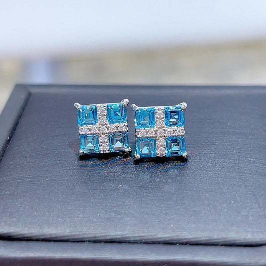 90【BETXEU】 Bella's Dreamy 2023 Autumn New Swiss Blue Topaz Earrings Main Stone Size 3*3mm