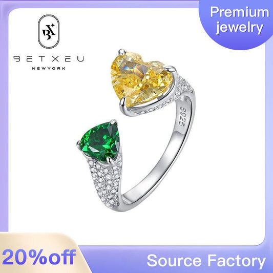 204 [BETXEU ] New Yellow Diamond Contrast Green Heart Shape Ring