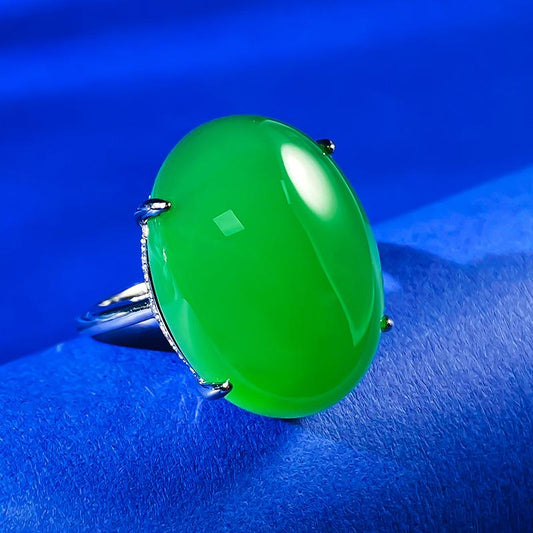 375【BETXEU] High Ice Green Jadeite Elegant Style Large Oval 15*20mm Agate S925 Ring