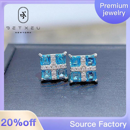 90【BETXEU】 Bella's Dreamy 2023 Autumn New Swiss Blue Topaz Earrings Main Stone Size 3*3mm