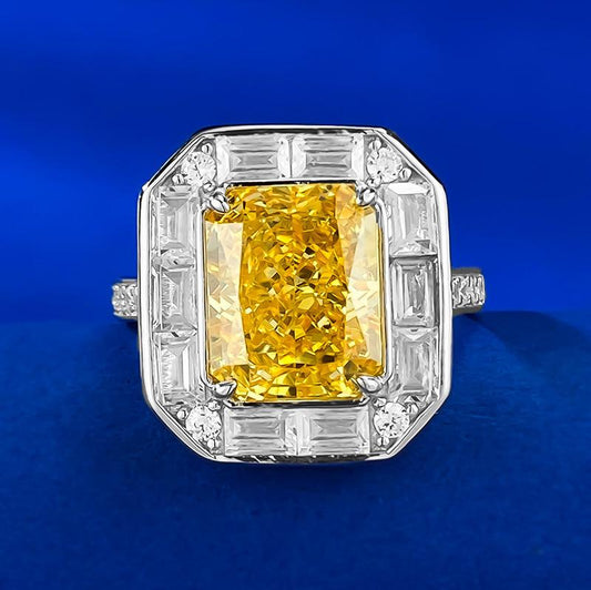 73【BETXEU】2023 S925 Silver 4 Carat Rectangular Fancy Yellow Ice Flower Cut 8*10 High-Carbon RING